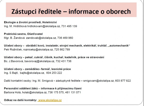 Informace o oborech kontakty zástupci reditele